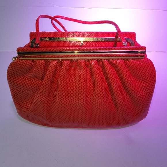 Vintage Judith Leiber Red Snakeskin Clutch with Strap and Gemstones w/ gold comb - Picture 2 of 9